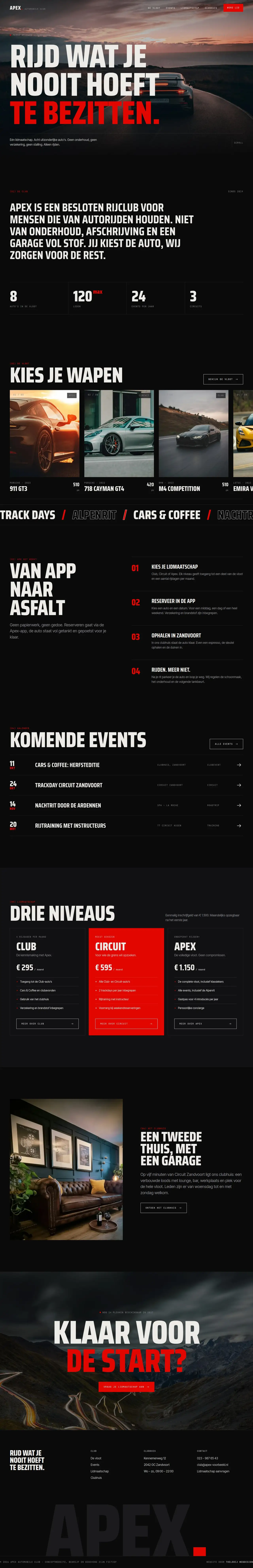 De volledige homepage van Apex Automobile Club op een laptop
