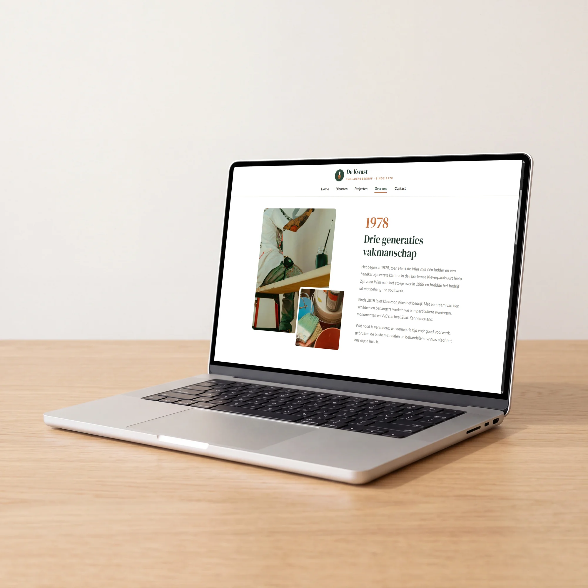 The About us page of Schildersbedrijf De Kwast on a MacBook