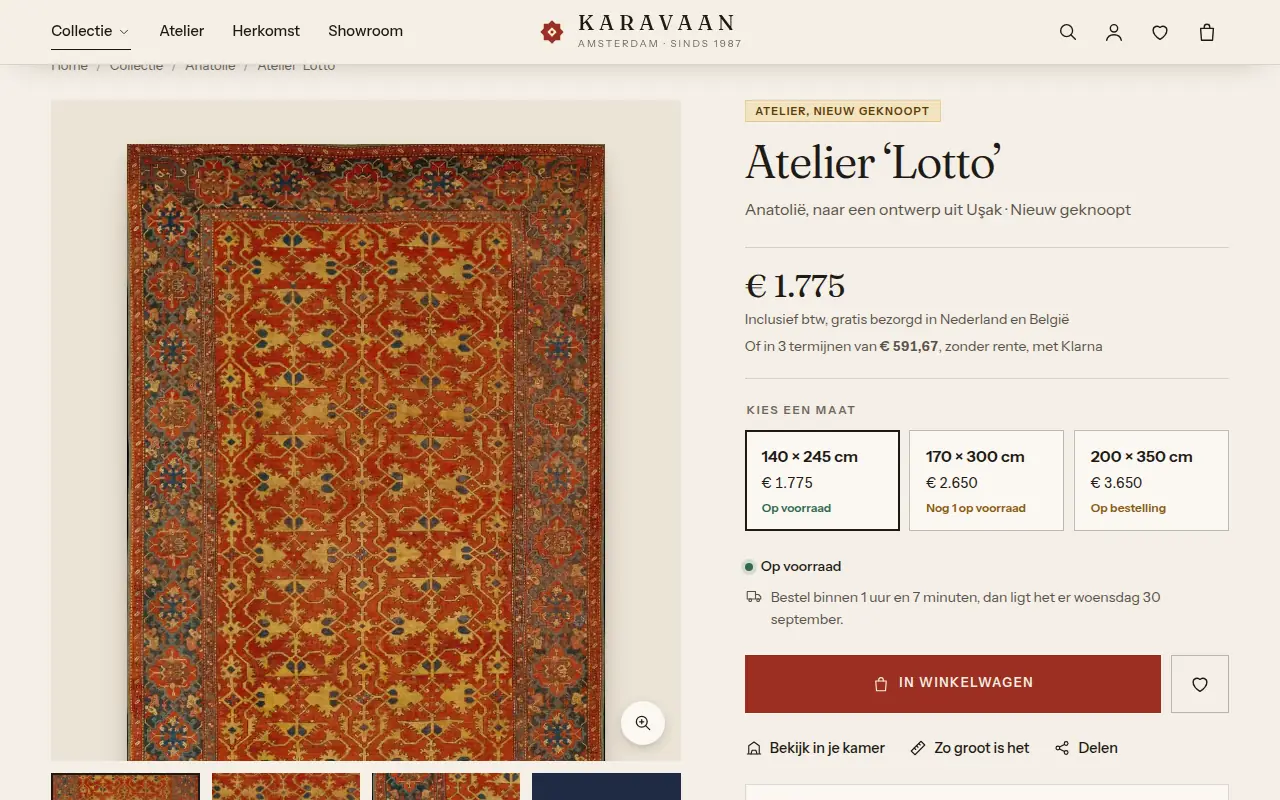 Productpagina van een atelierstuk met drie maten