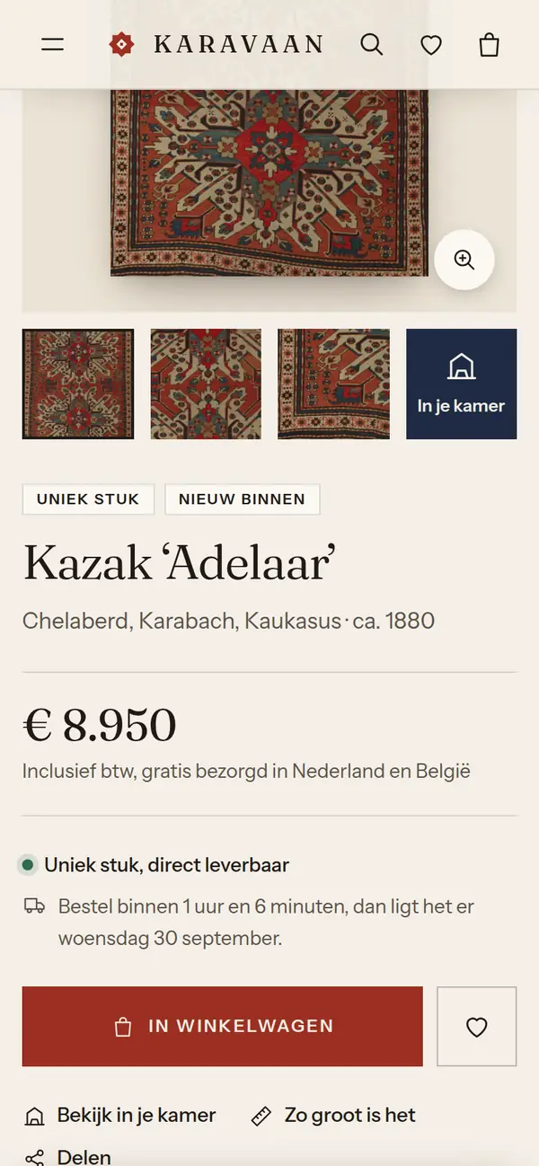 Een tapijt met prijs en levertijd op een telefoon