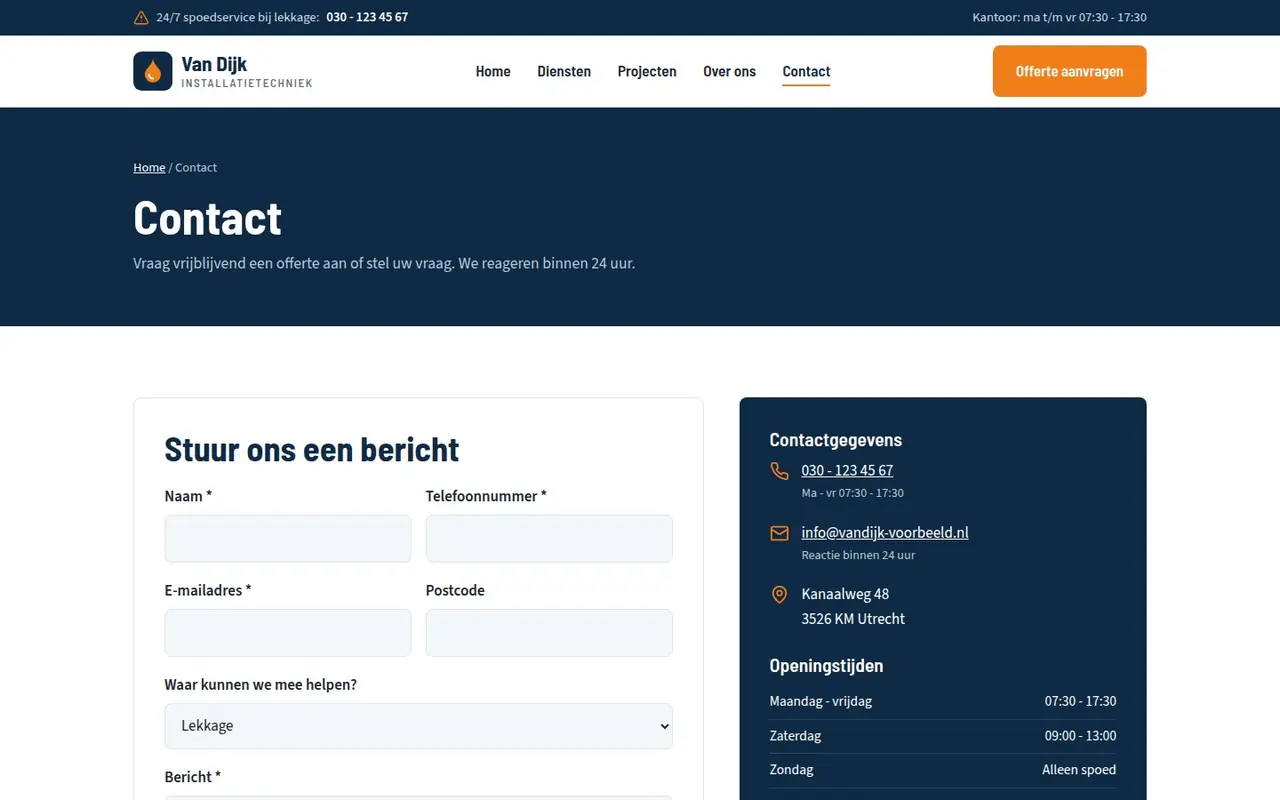 Pagina Contact van Van Dijk Installatietechniek