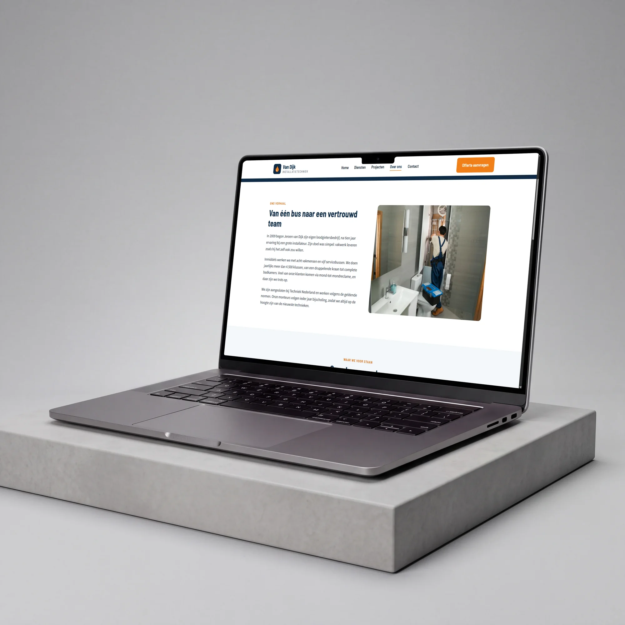 The About us page of Van Dijk Installatietechniek on a MacBook