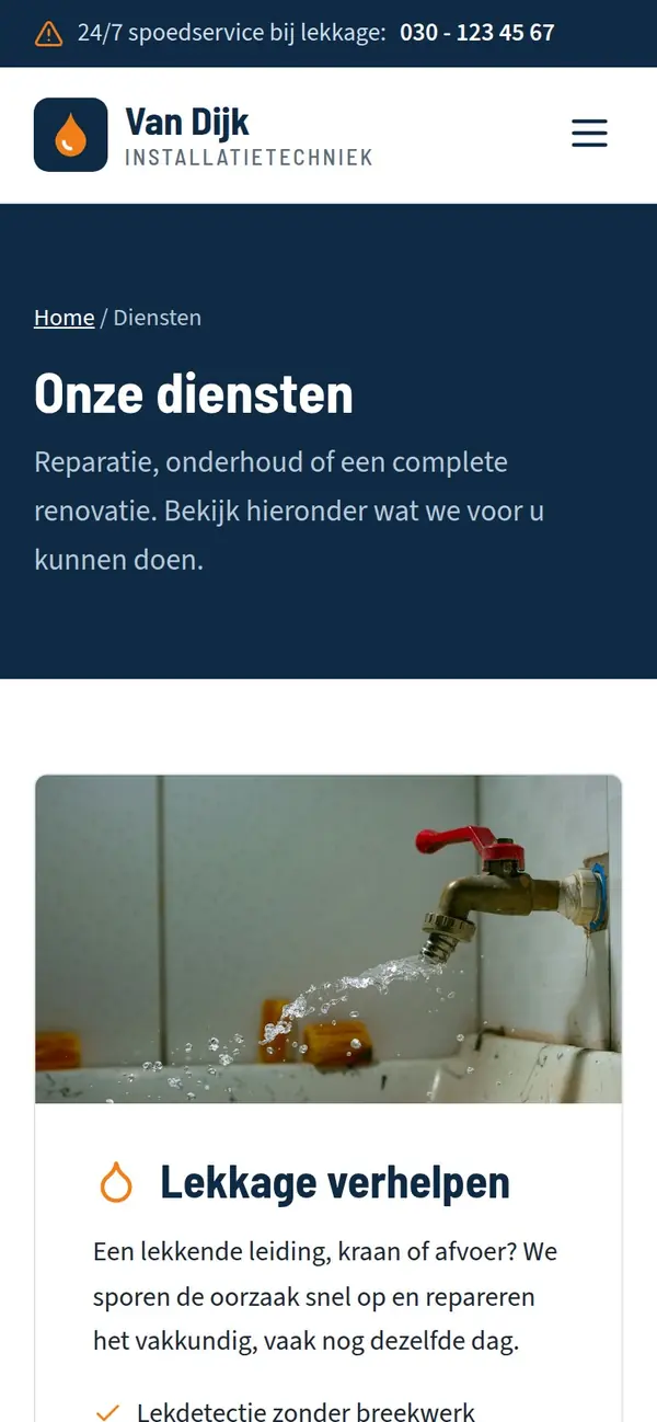 Diensten van Van Dijk Installatietechniek op een telefoon