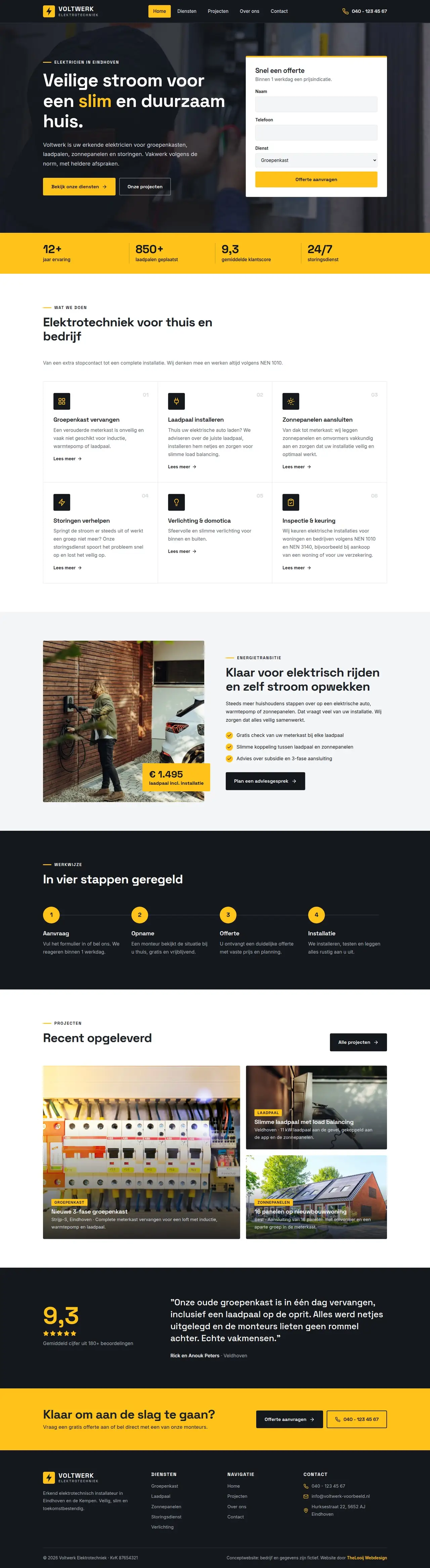 De volledige homepage van Voltwerk Elektrotechniek op een laptop